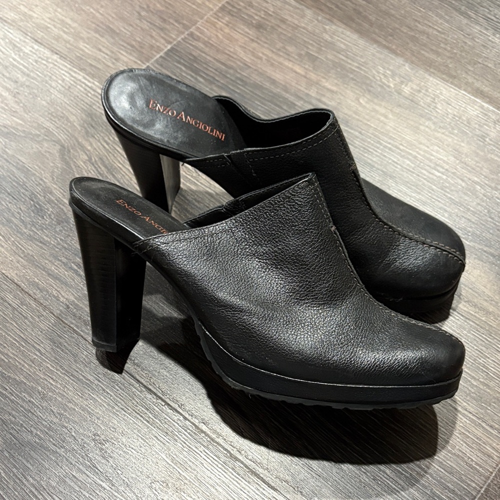 Enzo Angiolini Black Leather Heeled Mules